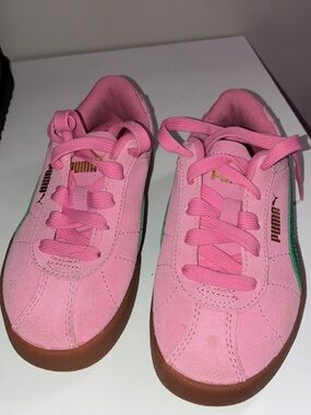 Puma Kids Pink Suede Sneakers with Green Stripe